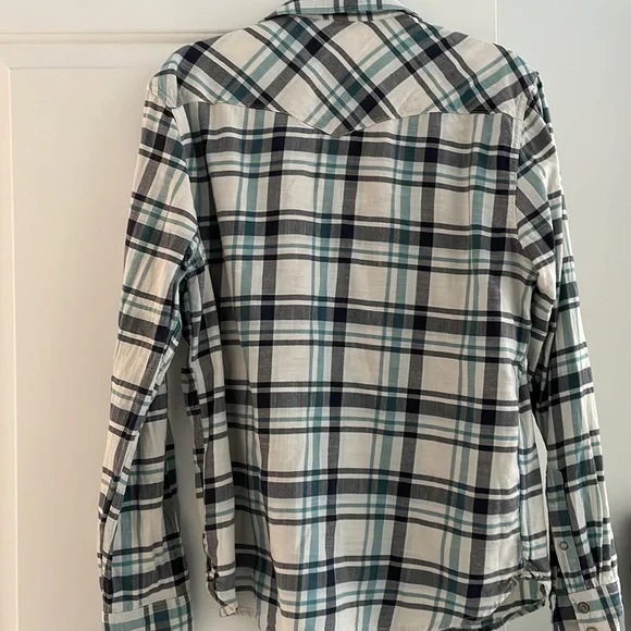 Men's Plaid Button-Up Shirt in White and Teal - Picture 5 of 5